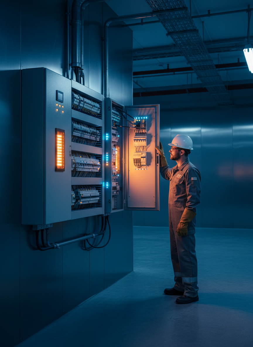 Electricista profesional con equipo de seguridad trabajando en un tablero eléctrico moderno con luces indicadoras
