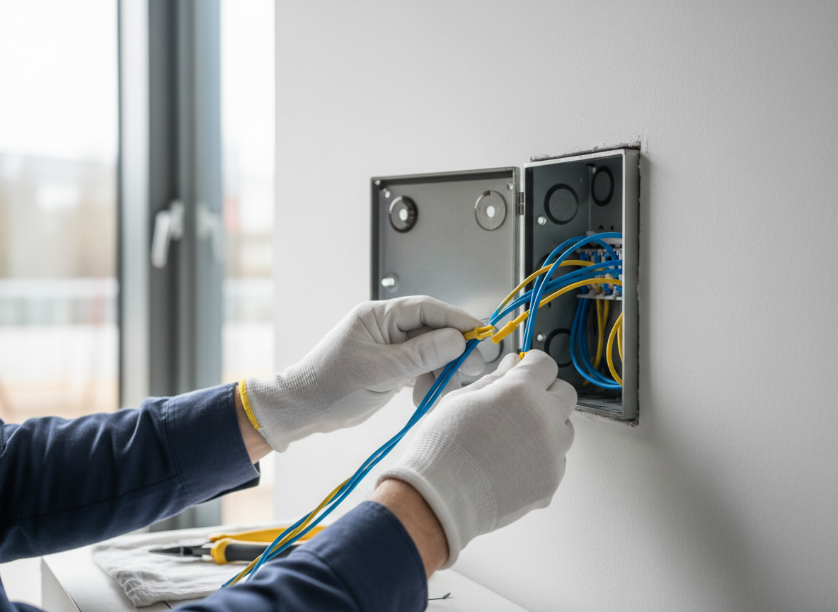 Electricista realizando una instalación eléctrica profesional y ordenada