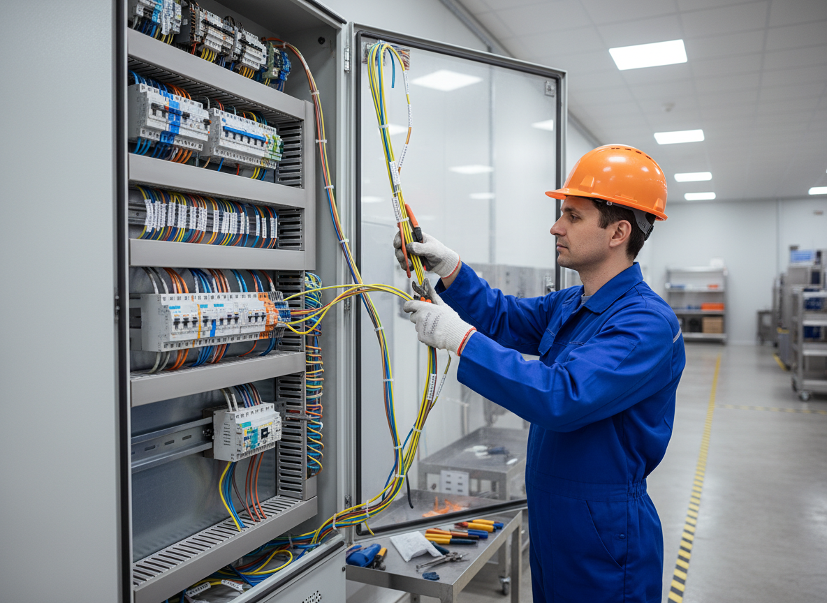 Electricista realizando mantenimiento profesional en panel eléctrico de distribución