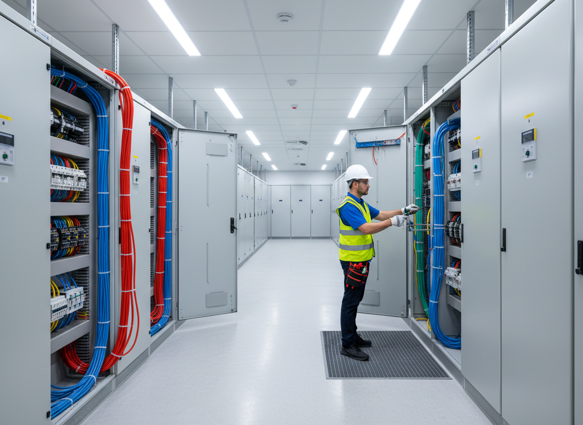 Professional electrical installation work, a wide cinematic shot of a modern electrical panel room with organized wiring, circuit breakers, and industrial lighting. Dark dramatic atmosphere with blue and orange accent lighting. High quality, photorealistic, professional photography style.