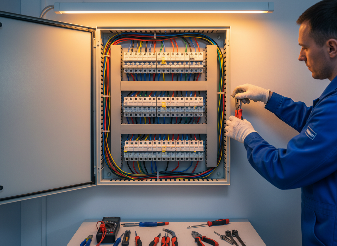 Electricista instalando panel eléctrico moderno con cableado organizado