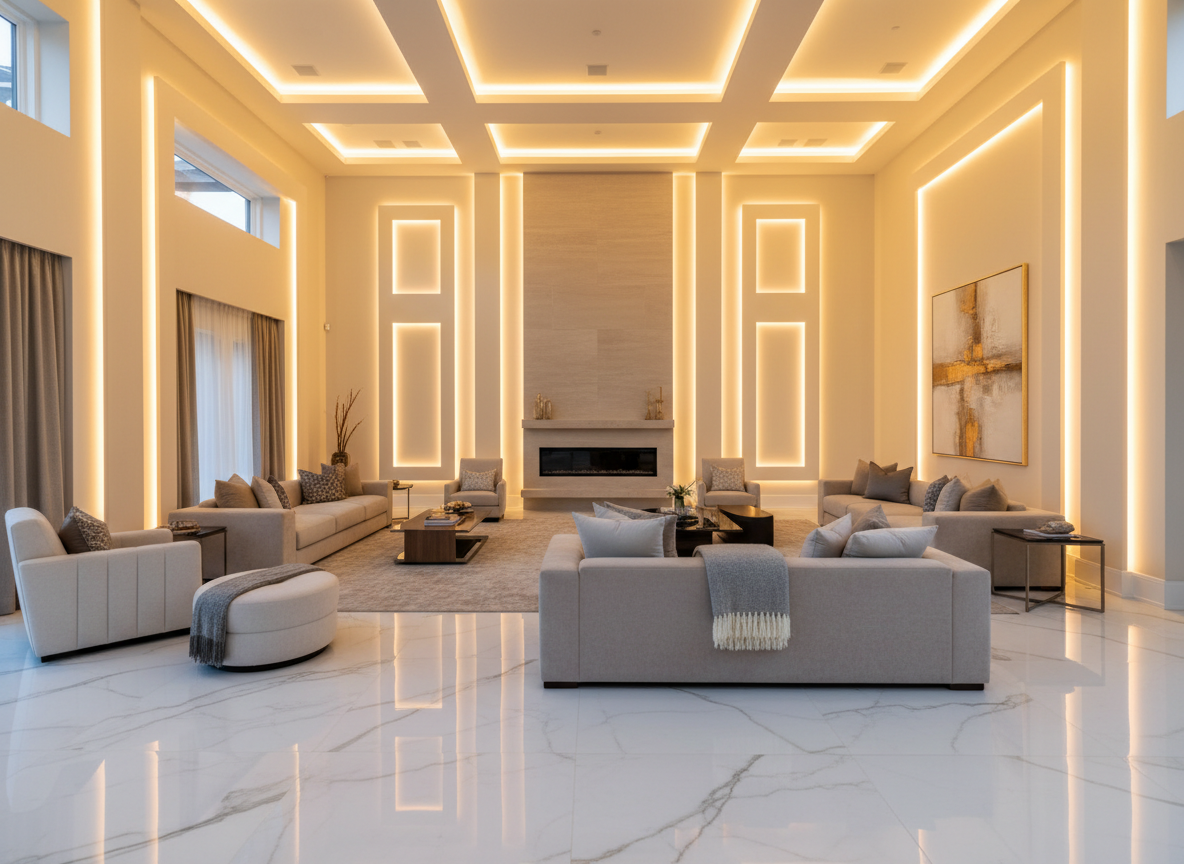 Luxurious modern house interior with stunning indirect LED lighting, ultra bright warm golden and white LED strip lights embedded in ceiling coffers and wall niches, elegant living room with high ceilings, beautiful marble floors, designer furniture in neutral tones, ambient glow from hidden LED strips creating soft halo effects, modern architectural design, rich warm tones, very bright and vivid colors, no people, wide cinematic shot