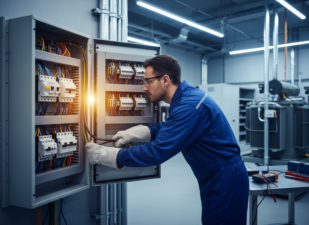 Professional electrical technician working with electrical panels and wiring, bright electric light, modern industrial setting, high voltage equipment, warm golden light emanating from electrical components, professional and trustworthy atmosphere