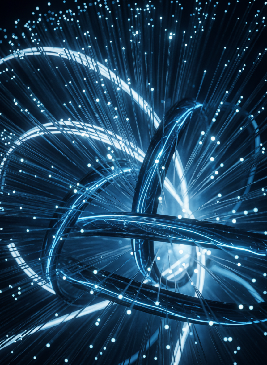 Close-up of fiber optic cables glowing with bright blue and white light, network infrastructure, data transmission, modern technology, dark background with illuminated fiber strands creating a professional and futuristic atmosphere