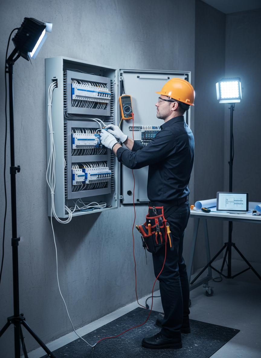Professional electrical installation work showing a certified electrician safely installing wiring in a residential or commercial panel board, with proper safety equipment, clean organized cables, and modern electrical components. Realistic, high quality, professional lighting.
