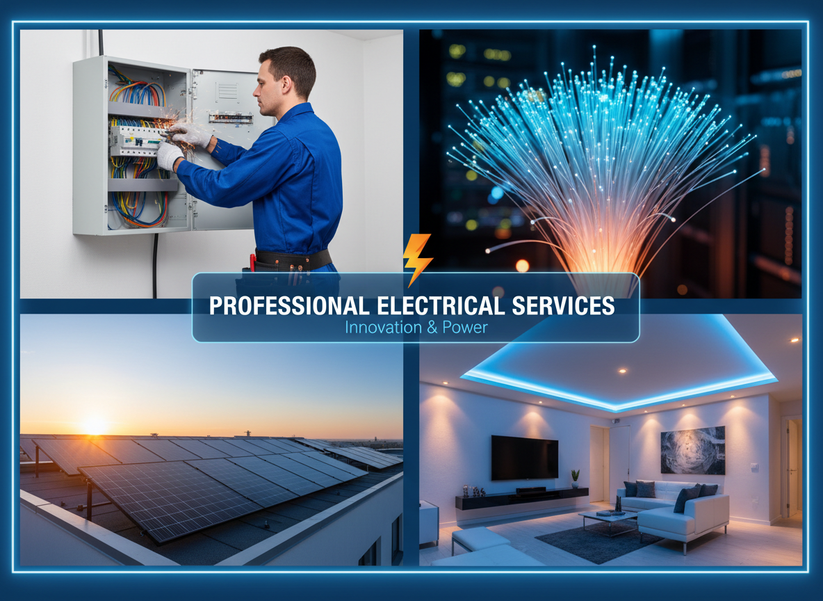 Professional electrical services collage: electrician installing a modern electrical panel, fiber optic cables glowing with light, solar panels on a rooftop, and LED lighting systems. Clean, modern, professional look with blue and orange tones.