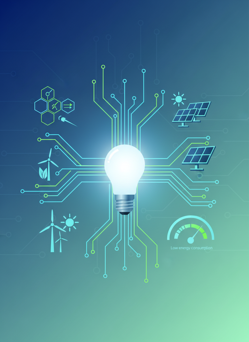 A sleek, modern illustration of electrical efficiency: a glowing LED bulb at the center with energy flow lines, smart grid icons, green energy symbols, solar panels, and low energy consumption meters. Clean blue and green tones, professional and minimalist style.